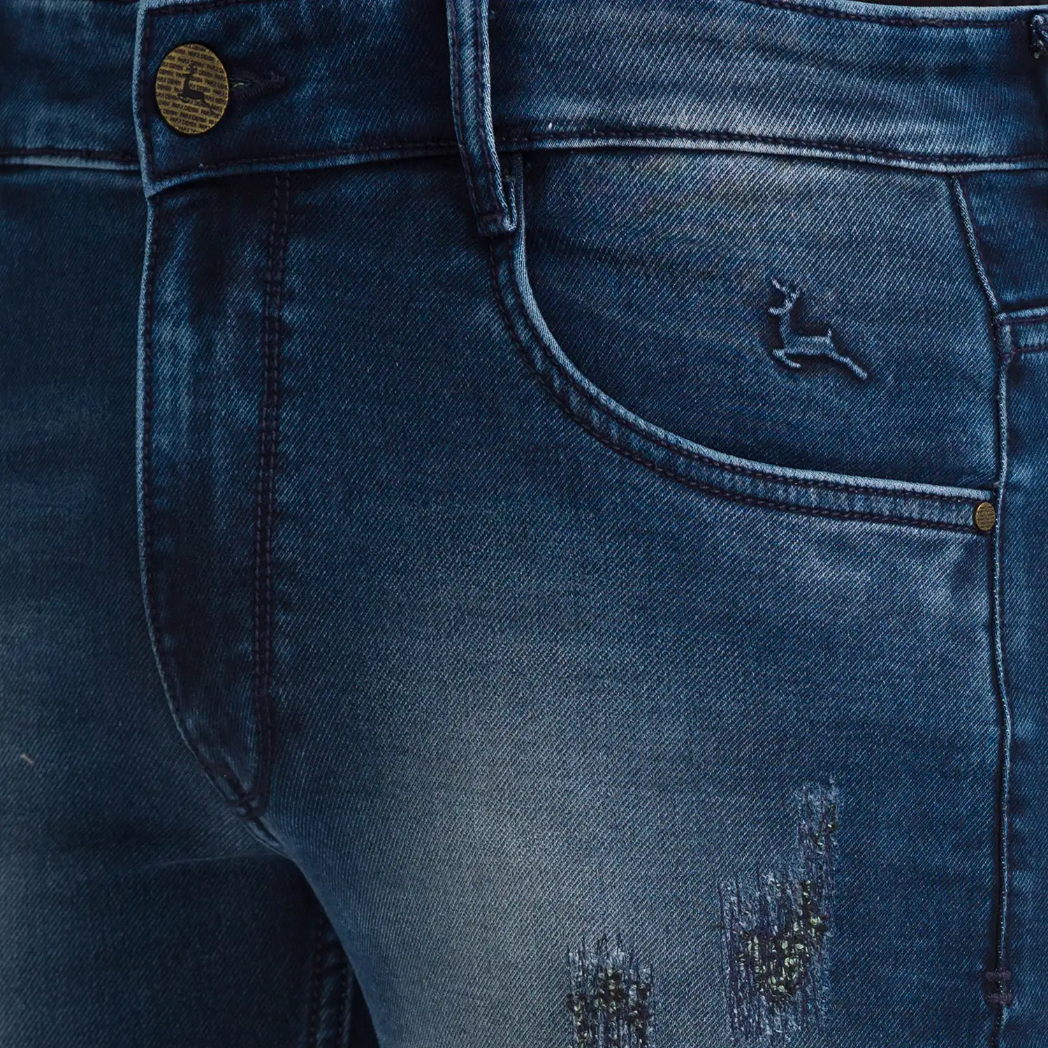 Men Blue Slim Tapered Fit Dobby Cotton Blend Jeans - Image 5
