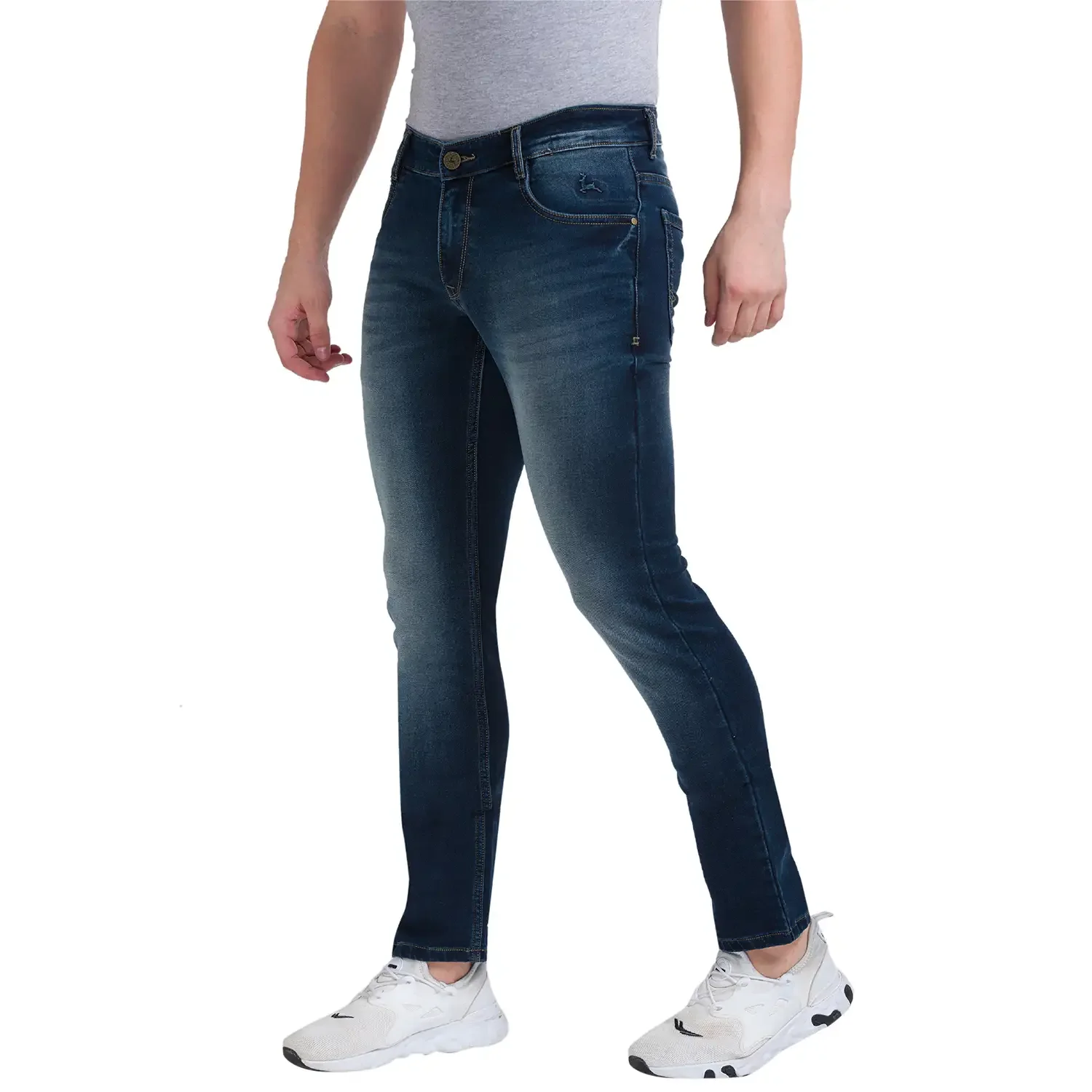 Men Blue Slim Tapered Fit Dobby Cotton Blend Jeans - Image 2