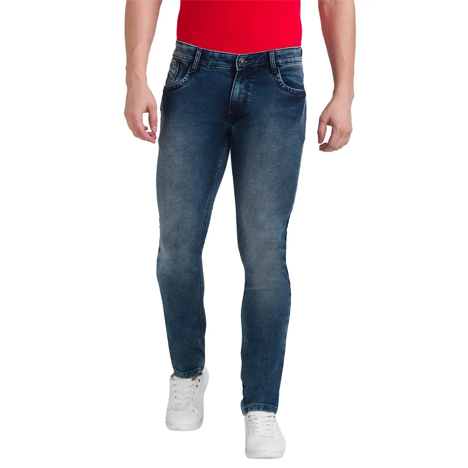 Men Blue Slim Tapered Fit Dobby Cotton Blend Jeans