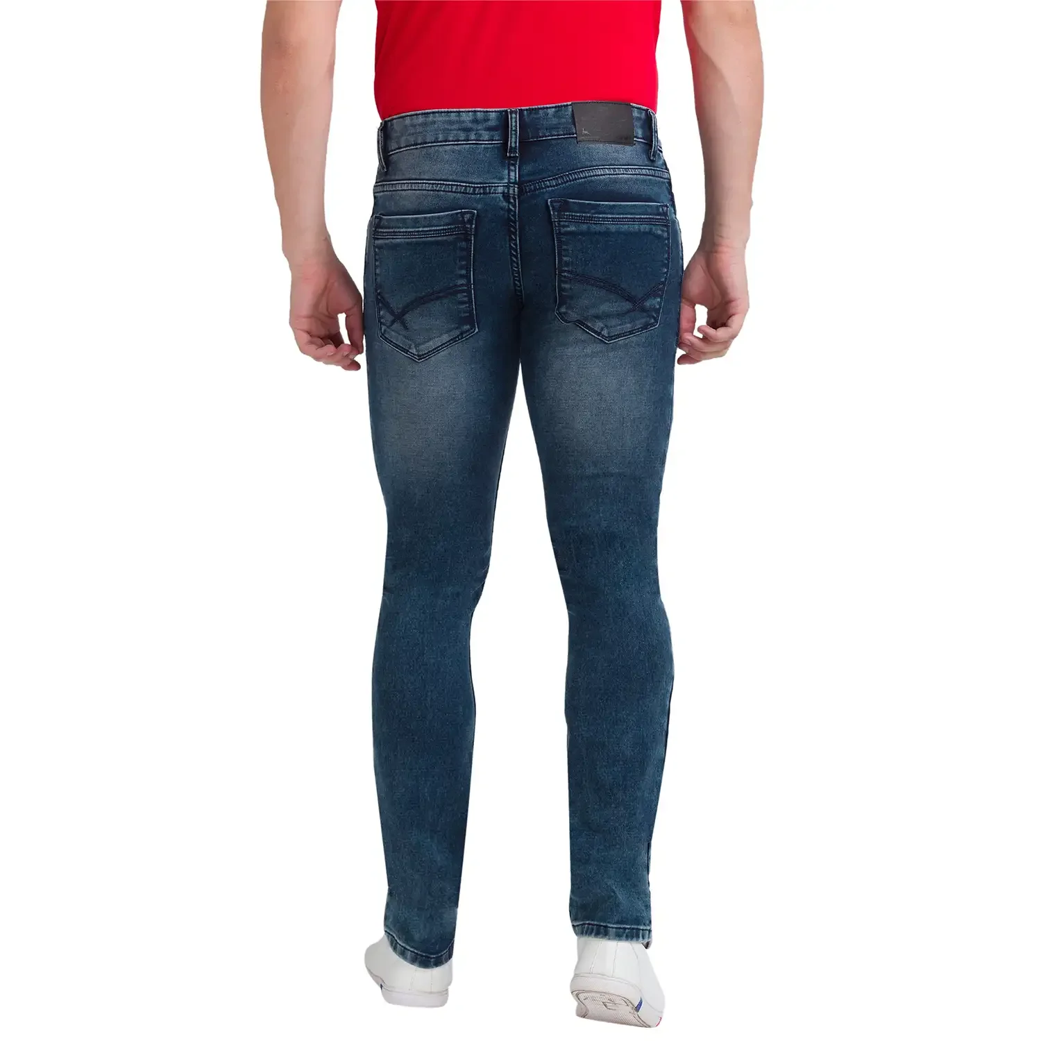 Men Blue Slim Tapered Fit Dobby Cotton Blend Jeans - Image 3