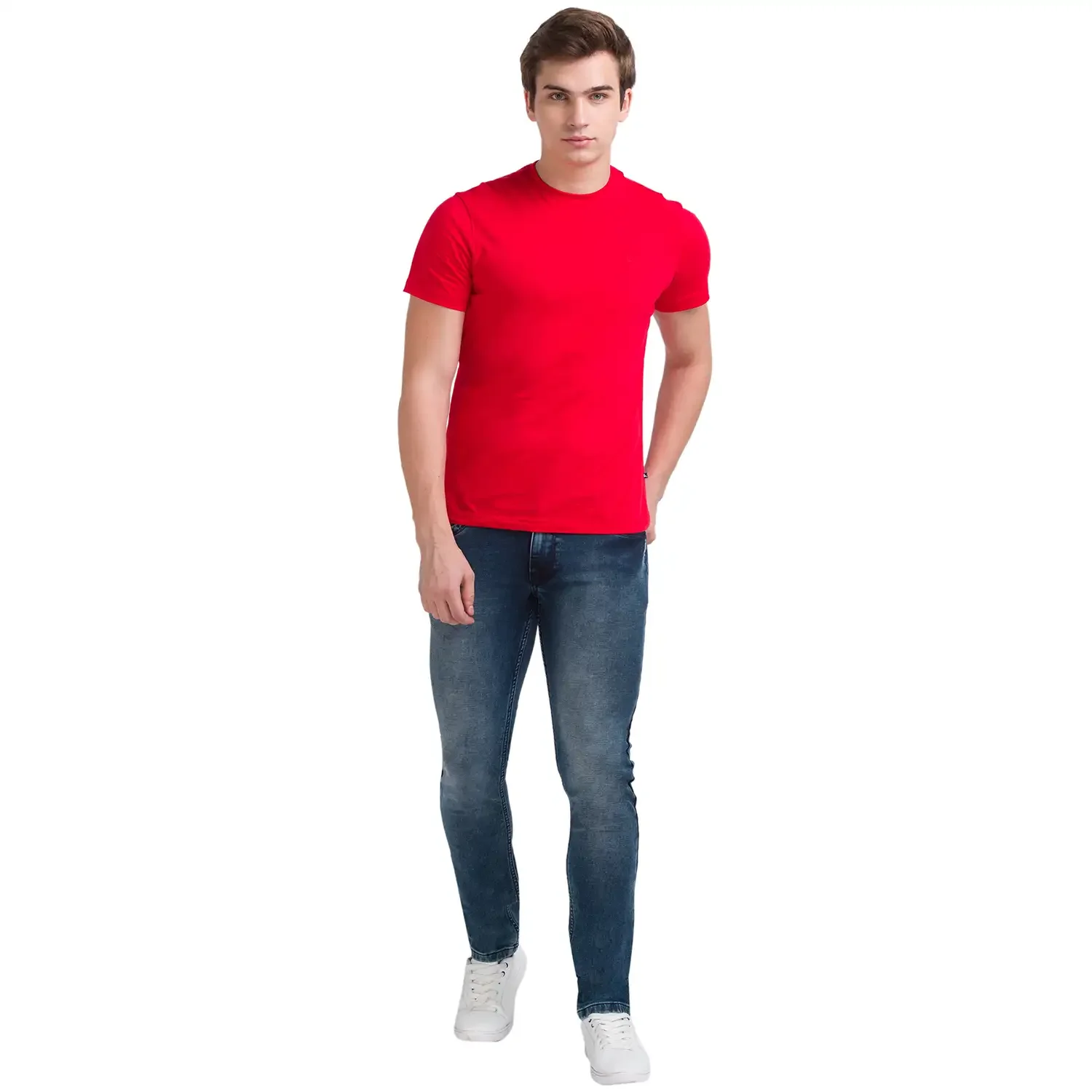 Men Blue Slim Tapered Fit Dobby Cotton Blend Jeans - Image 4