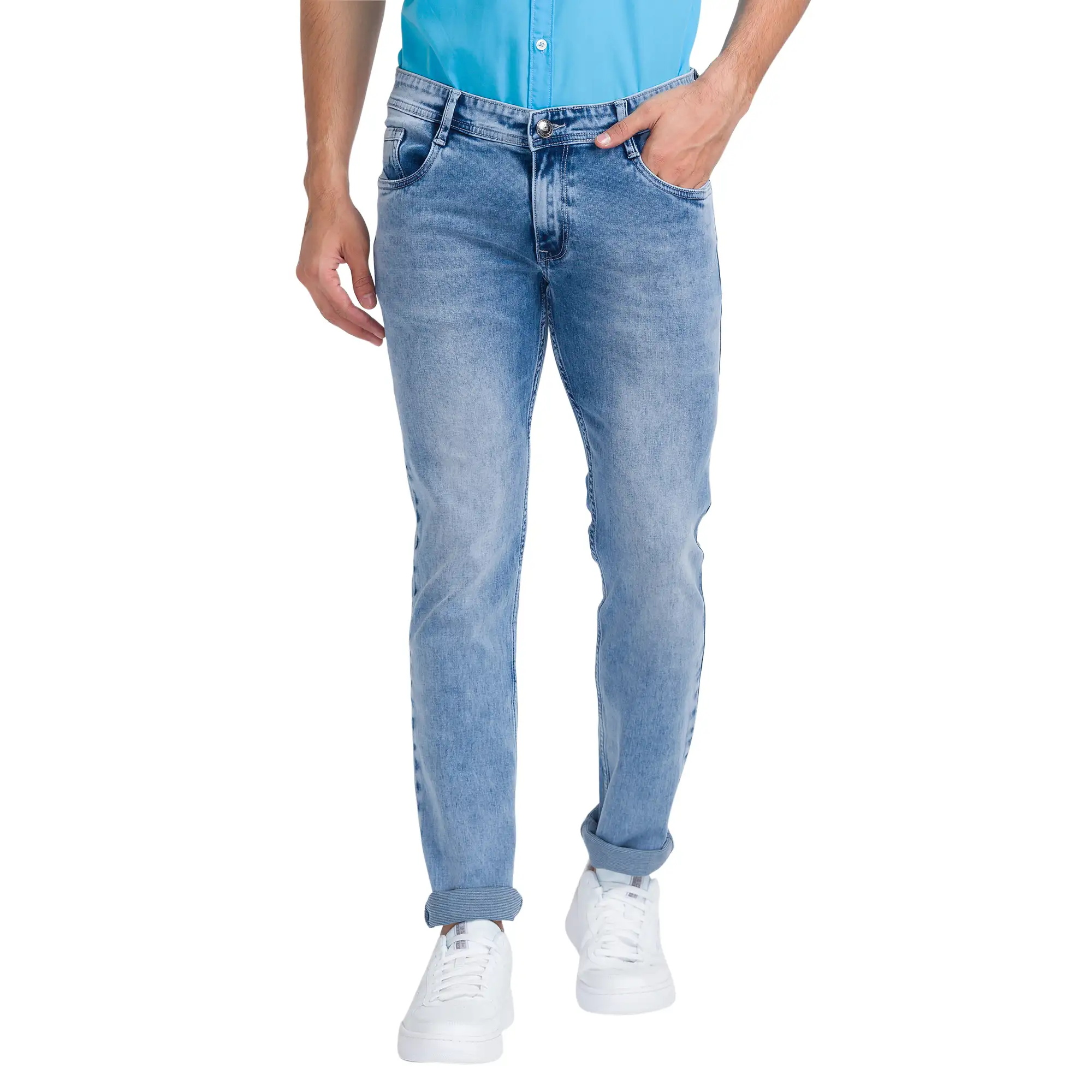Men Blue Slim Tapered Fit Dobby Cotton Blend Jeans