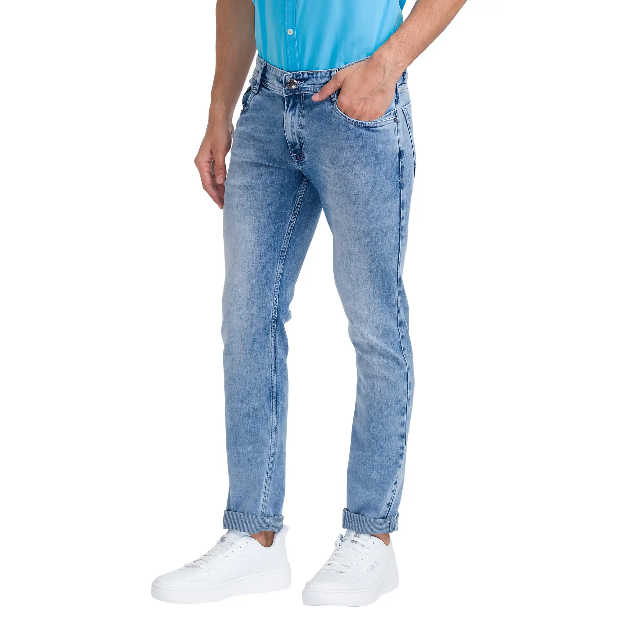 Men Blue Slim Tapered Fit Dobby Cotton Blend Jeans - Image 3