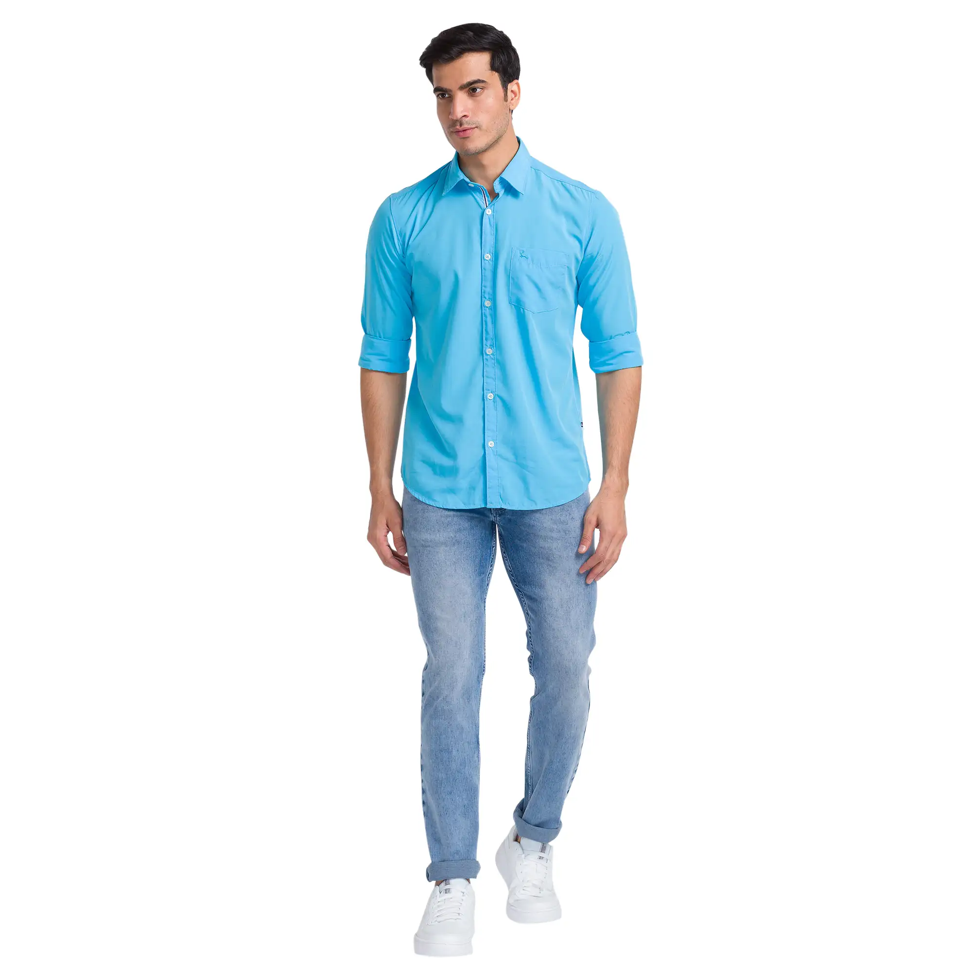 Men Blue Slim Tapered Fit Dobby Cotton Blend Jeans - Image 5