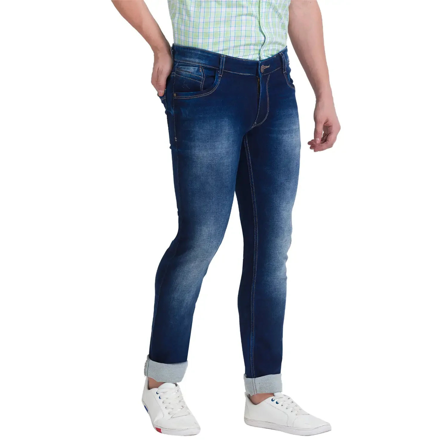 Men Blue Slim Tapered Fit Dobby Cotton Blend Jeans - Image 2