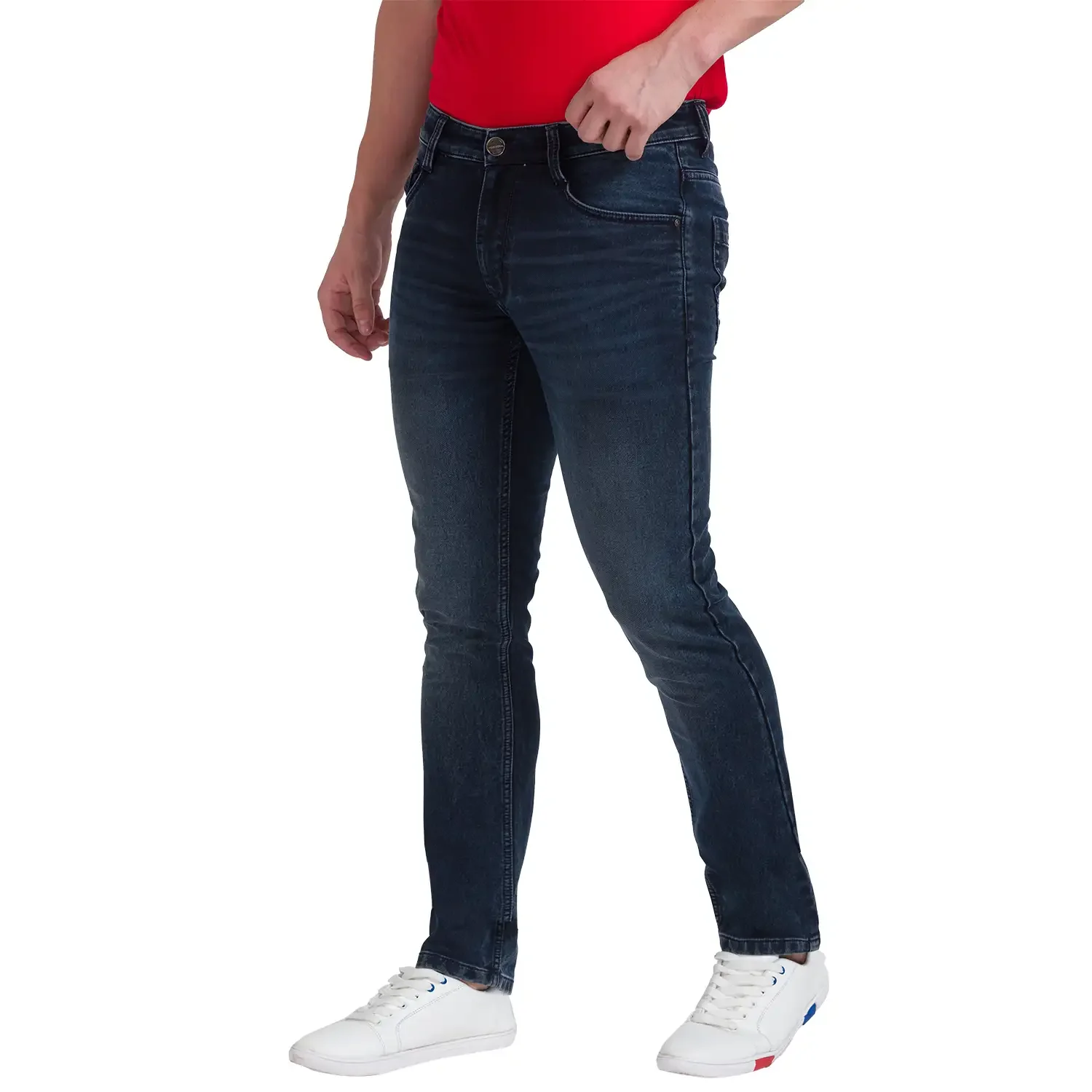 Men Blue Slim Tapered Fit Dobby Cotton Blend Jeans - Image 2