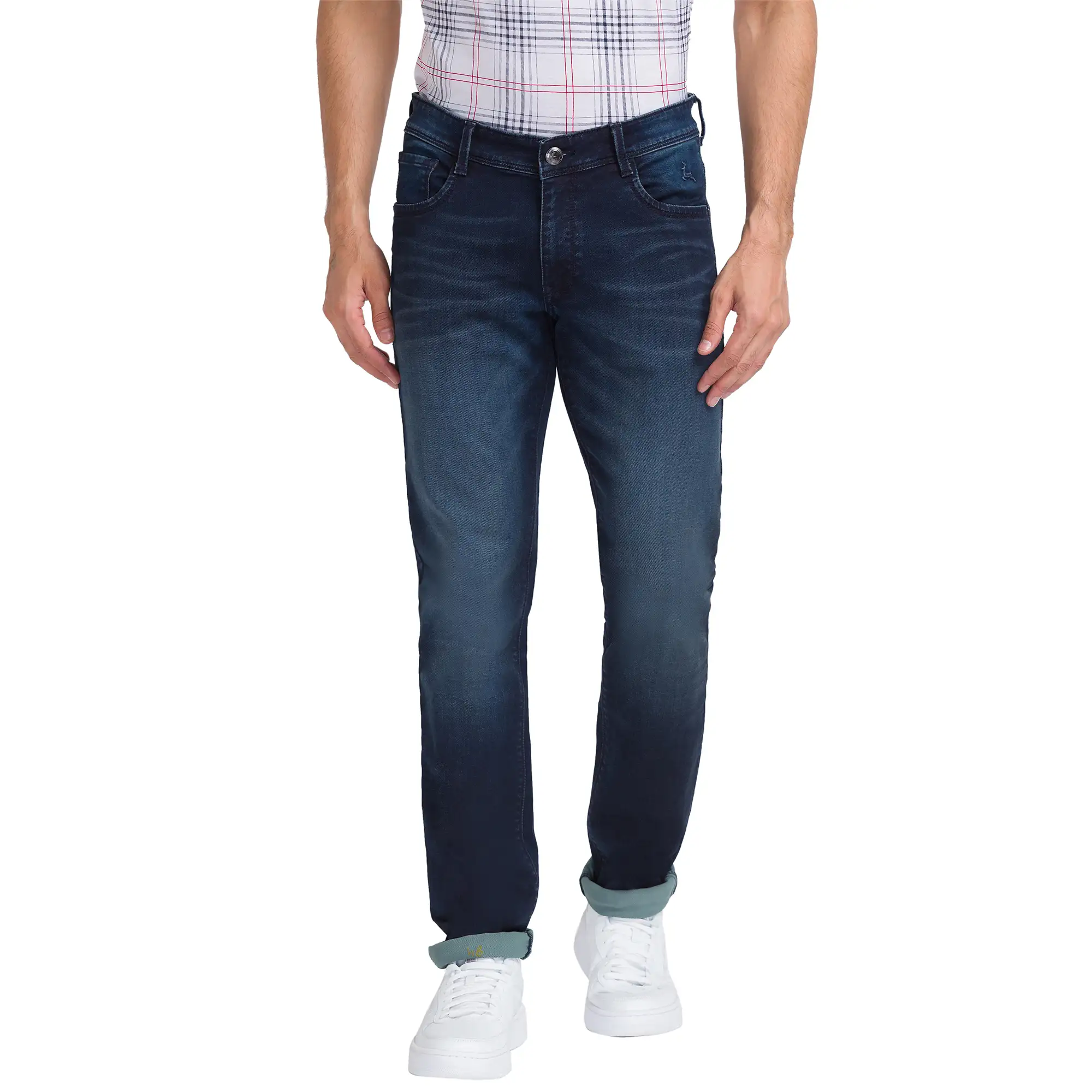 Men Blue Slim Tapered Fit Dobby Cotton Blend Jeans
