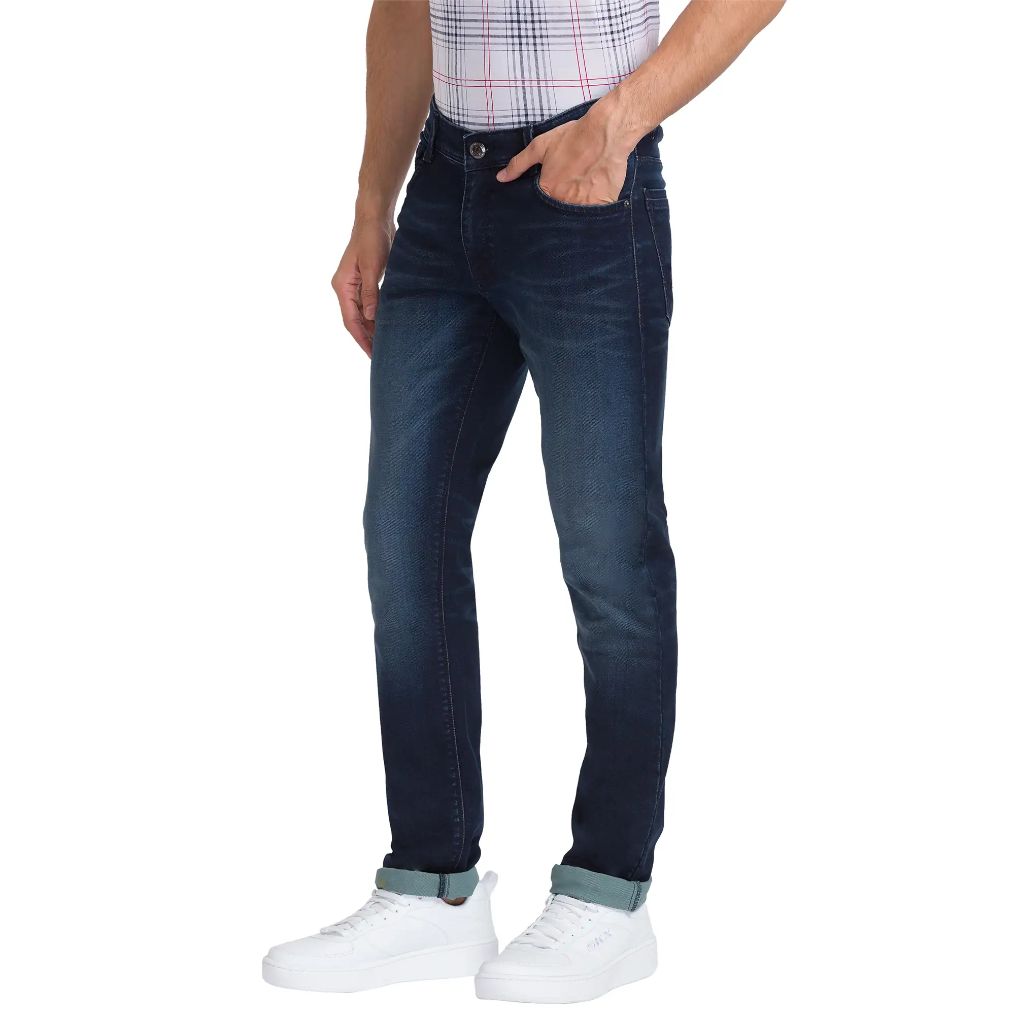 Men Blue Slim Tapered Fit Dobby Cotton Blend Jeans - Image 3