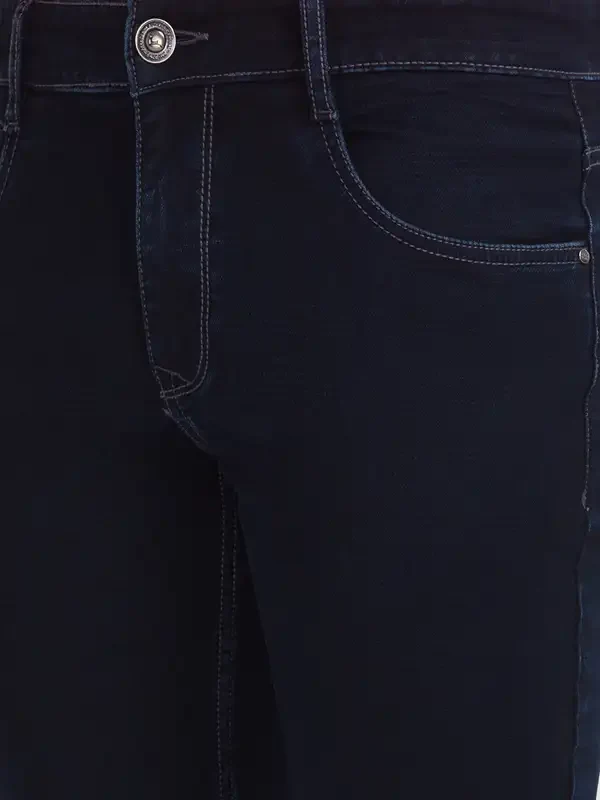Men Blue Slim Tapered Fit Dobby Cotton Blend Jeans - Image 6
