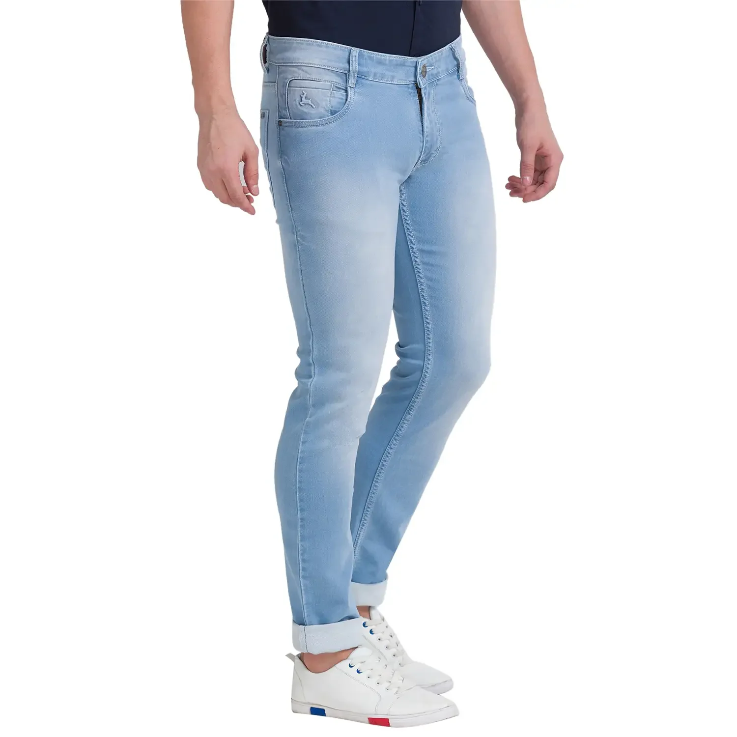 Men Blue Slim Tapered Fit Dobby Cotton Blend Jeans - Image 2