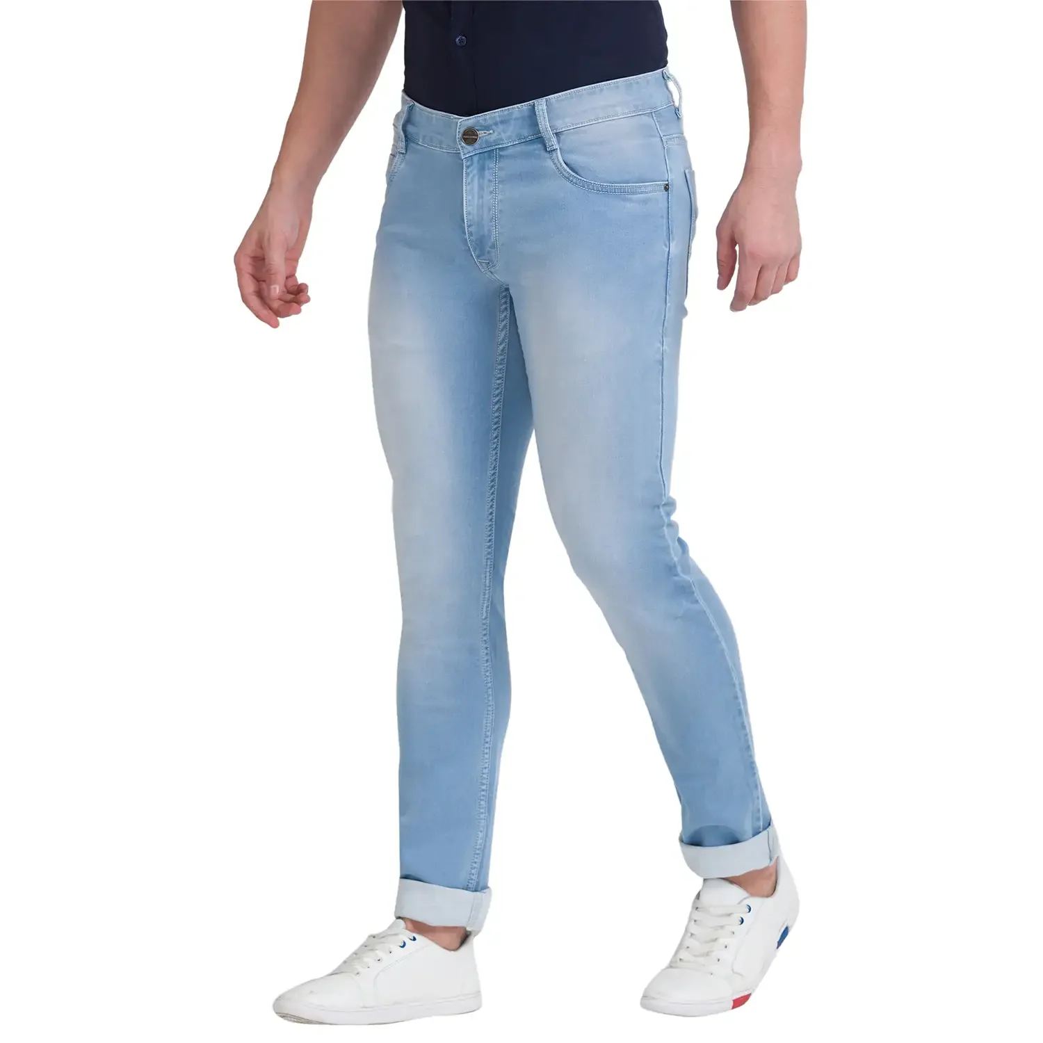 Men Blue Slim Tapered Fit Dobby Cotton Blend Jeans - Image 3