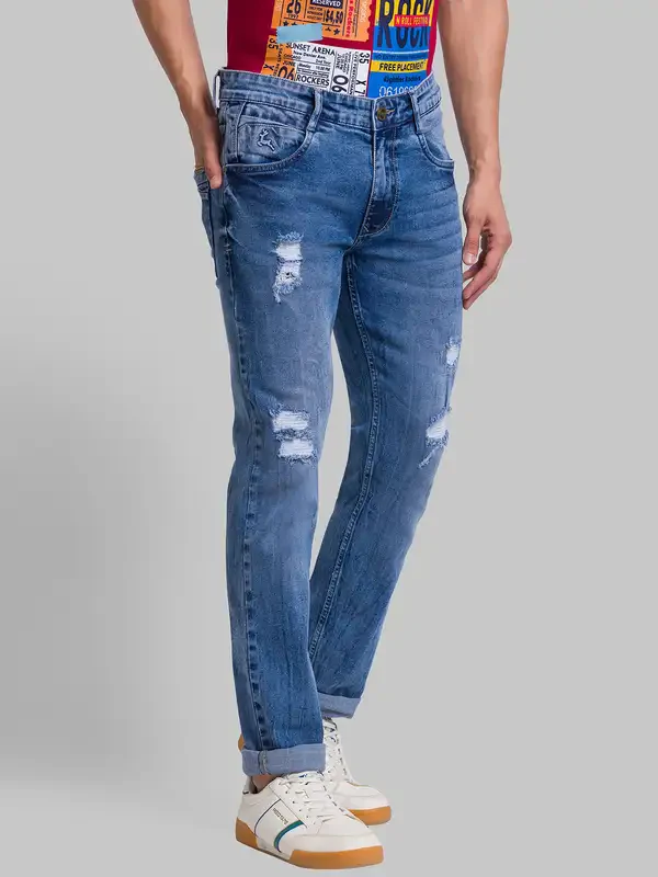 Men Blue Slim Tapered Fit Jacquard Cotton Blend Jeans - Image 2