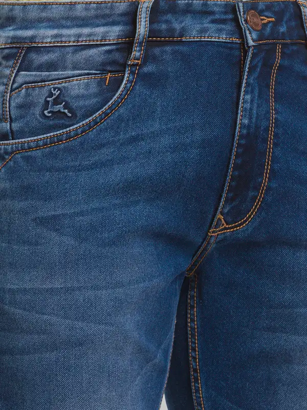 Men Blue Slim Tapered Fit Jacquard Cotton Blend Jeans - Image 6