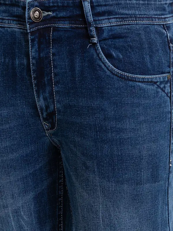 Men Blue Slim Tapered Fit Jacquard Cotton Blend Jeans - Image 6