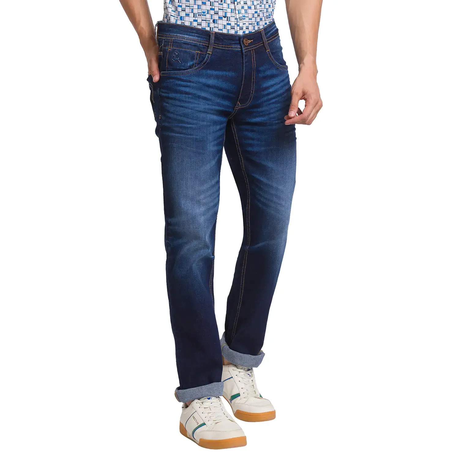 Men Blue Slim Tapered Fit Jacquard Cotton Blend Jeans - Image 2