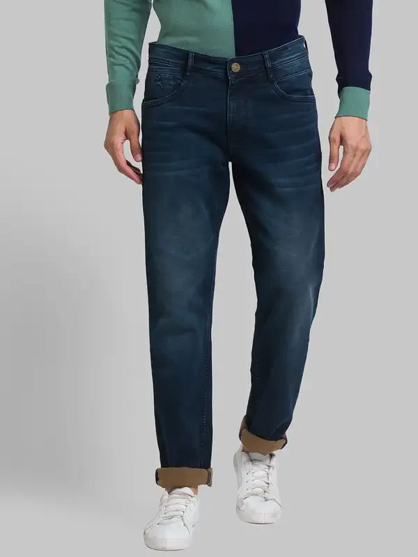 Men Blue Slim Tapered Fit Jacquard Cotton Blend Jeans