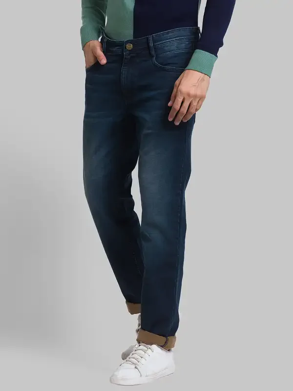 Men Blue Slim Tapered Fit Jacquard Cotton Blend Jeans - Image 3