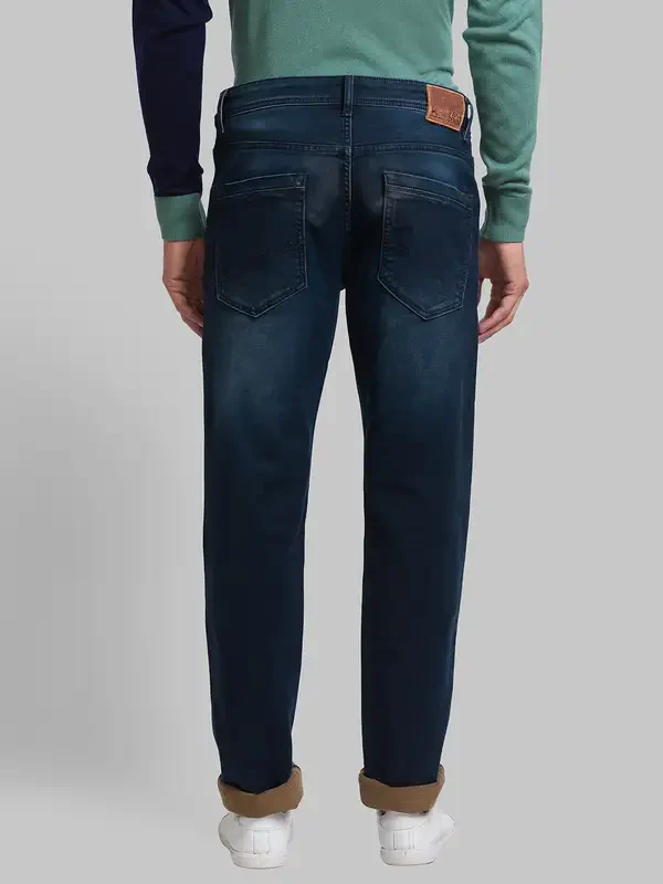 Men Blue Slim Tapered Fit Jacquard Cotton Blend Jeans - Image 4