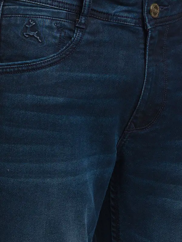 Men Blue Slim Tapered Fit Jacquard Cotton Blend Jeans - Image 6