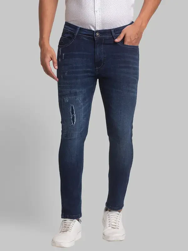 Men Blue Slim Tapered Fit Jacquard Cotton Blend Jeans