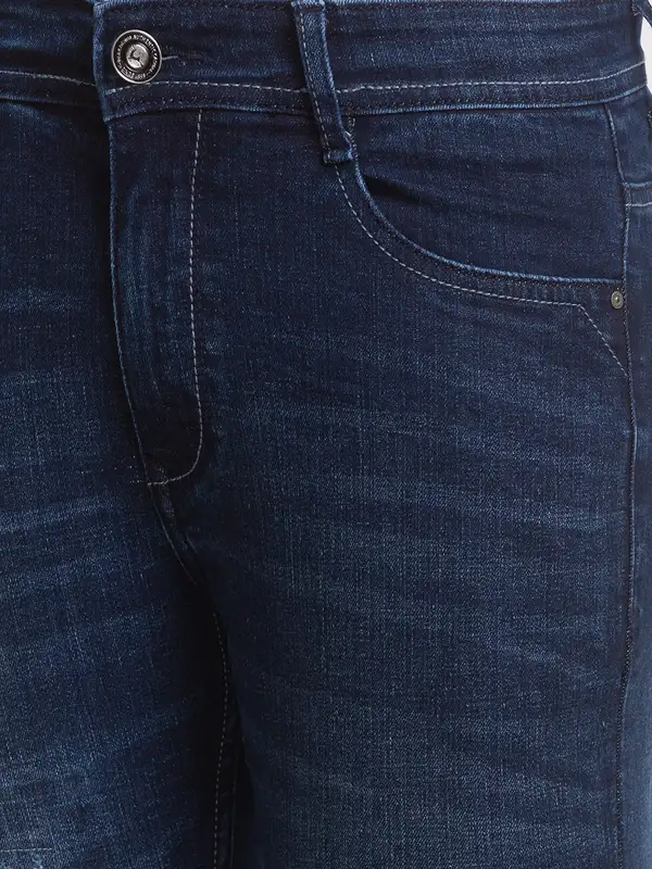 Men Blue Slim Tapered Fit Jacquard Cotton Blend Jeans - Image 6