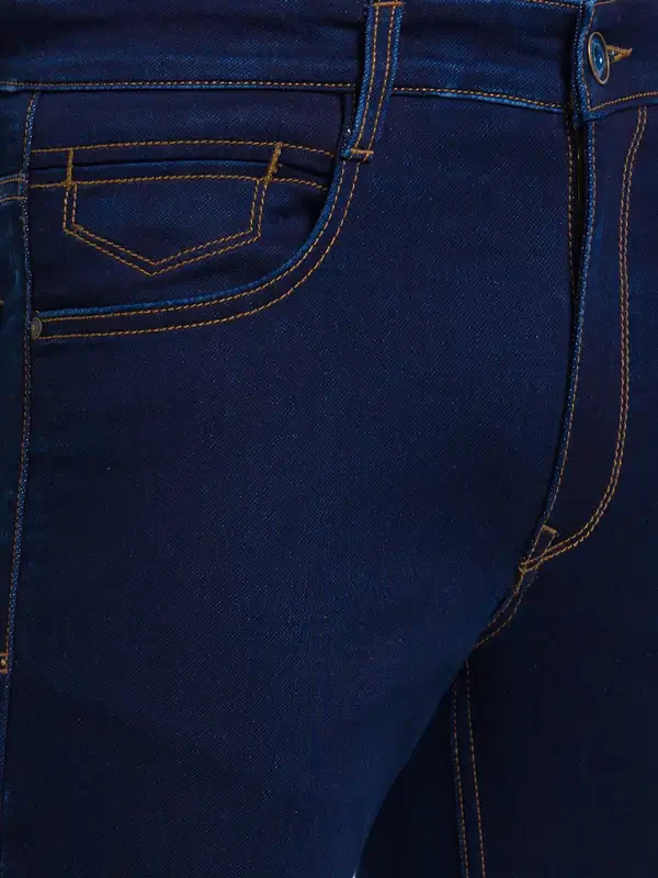 Men Blue Slim Tapered Fit Jacquard Cotton Blend Jeans - Image 6