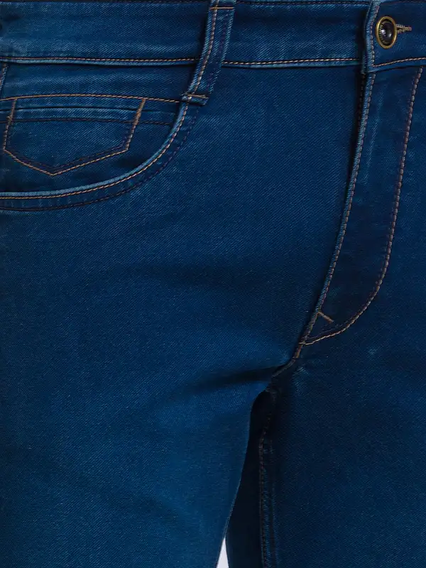 Men Blue Slim Tapered Fit Jacquard Cotton Blend Jeans - Image 6