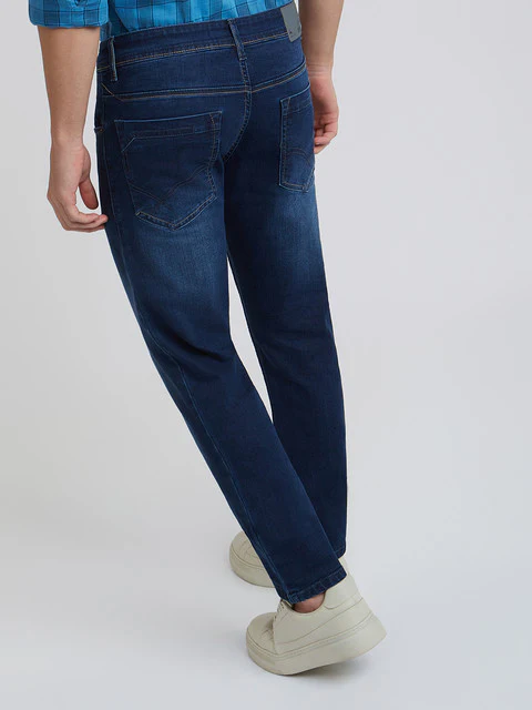 Men Blue Slim Tapered Fit Jacquard Cotton Blend Jeans - Image 4