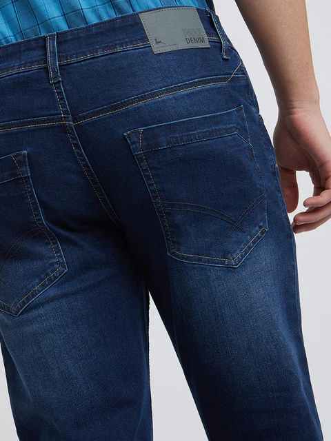 Men Blue Slim Tapered Fit Jacquard Cotton Blend Jeans - Image 7