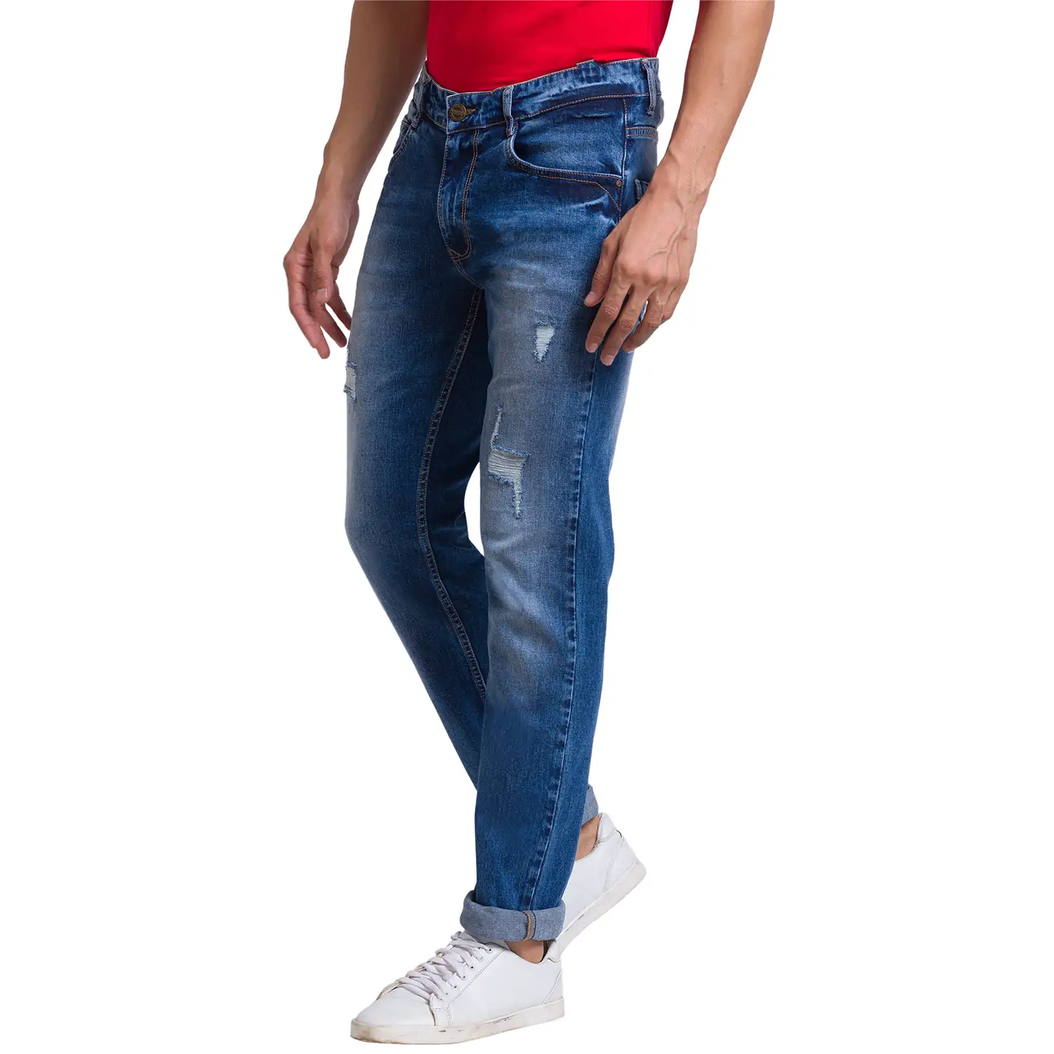 Men Blue Slim Tapered Fit Jacquard Cotton Blend Jeans - Image 3