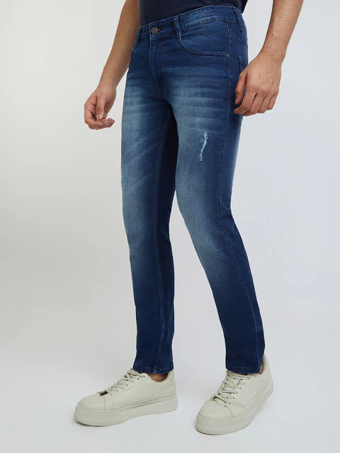 Men Blue Slim Tapered Fit Jacquard Cotton Blend Jeans - Image 3