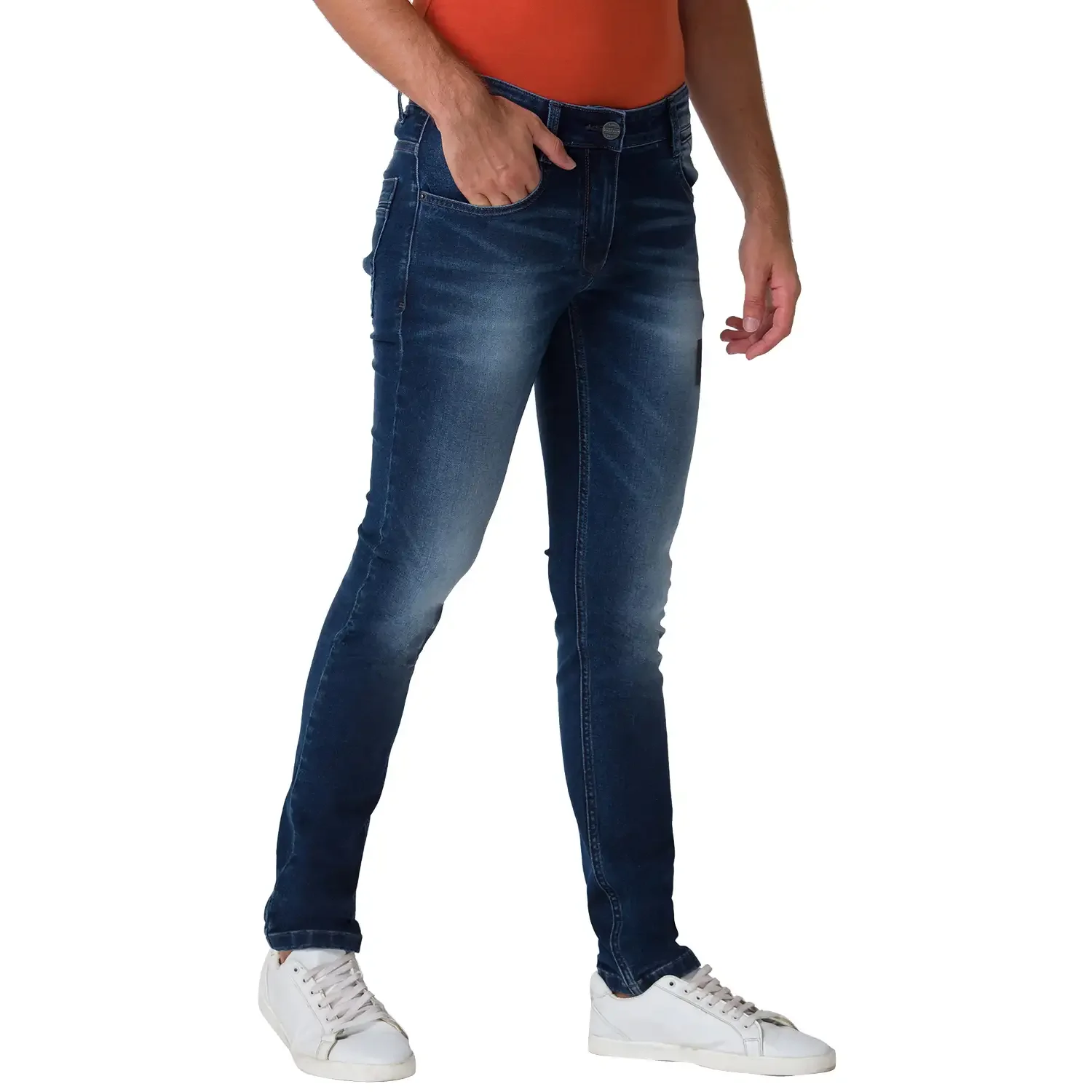 Men Blue Slim Tapered Fit Knitted Cotton Blend Jeans - Image 2