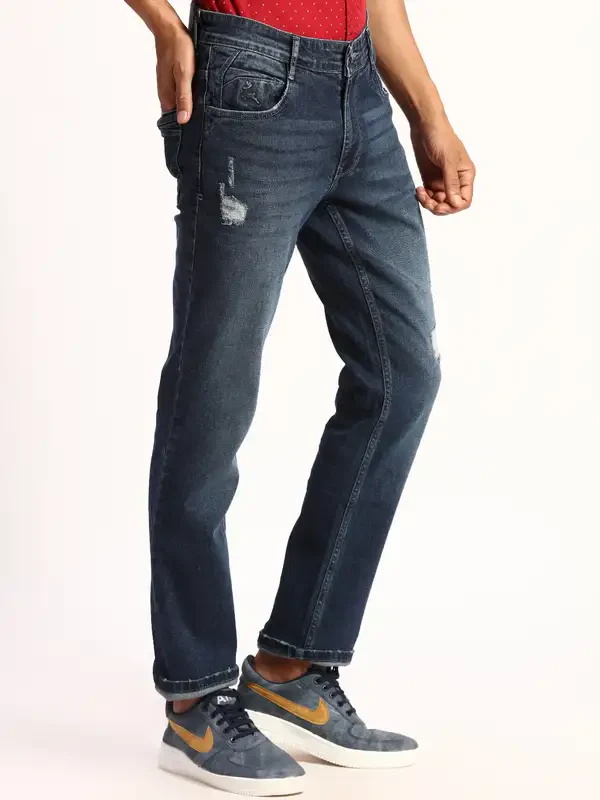 Men Blue Slim Tapered Fit Plain Cotton Blend Jeans - Image 2
