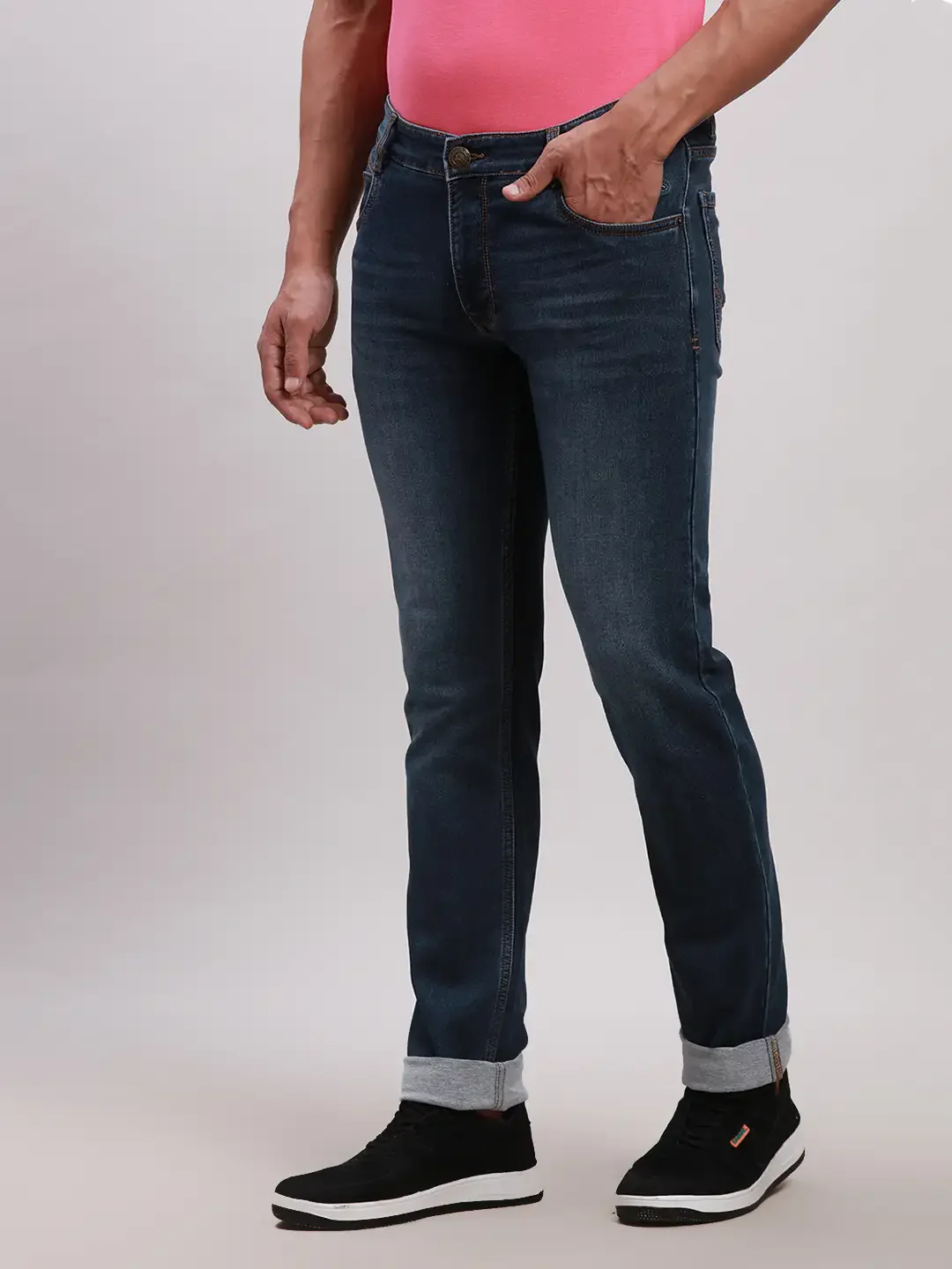 Men Blue Slim Tapered Fit Plain Cotton Blend Jeans - Image 3
