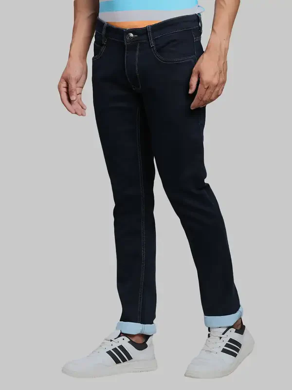 Men Blue Slim Tapered Fit Plain Cotton Blend Jeans - Image 3