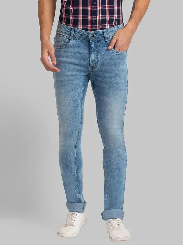 Men Blue Slim Tapered Fit Plain Cotton Blend Jeans