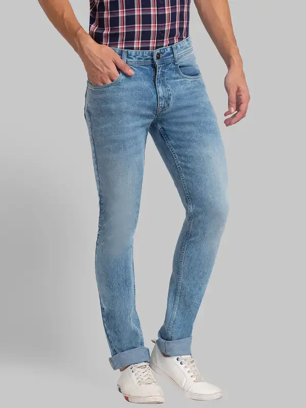 Men Blue Slim Tapered Fit Plain Cotton Blend Jeans - Image 2