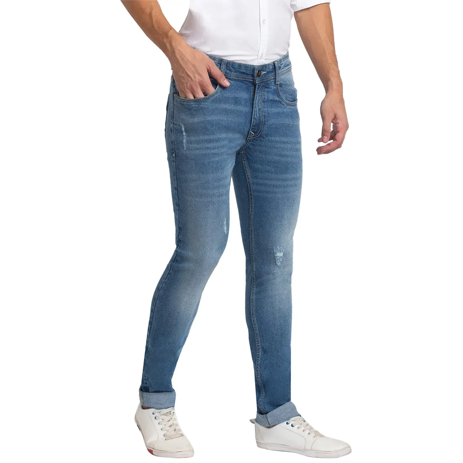 Men Blue Slim Tapered Fit Plain Cotton Blend Jeans - Image 2
