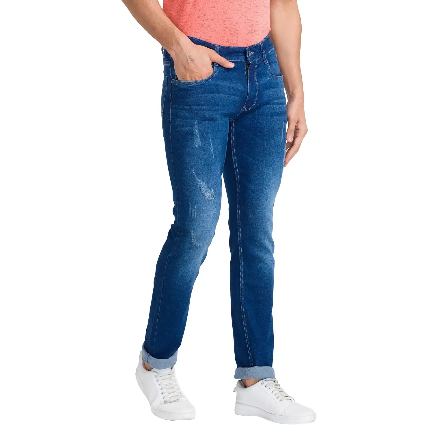 Men Blue Slim Tapered Fit Plain Cotton Blend Jeans - Image 2