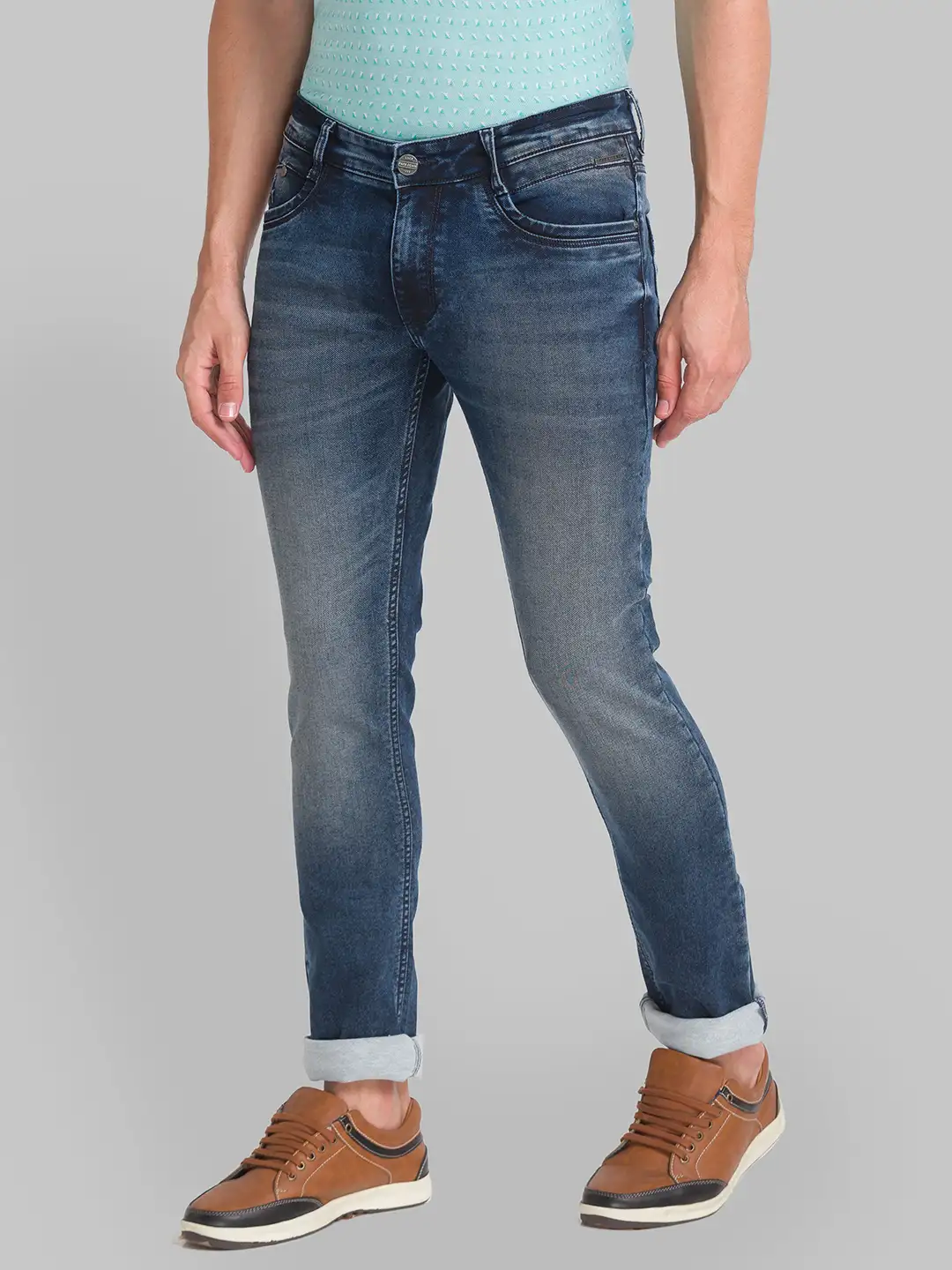 Men Blue Slim Tapered Fit Plain Cotton Blend Jeans - Image 3
