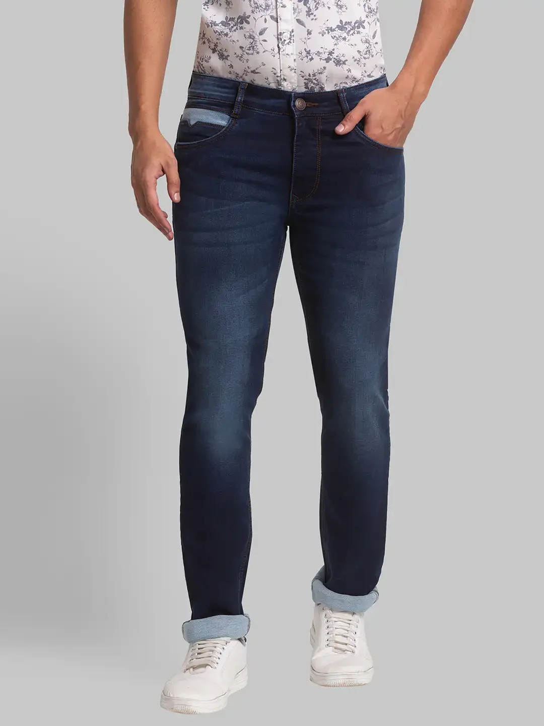 Men Blue Slim Tapered Fit Plain Cotton Blend Jeans