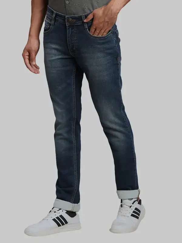Men Blue Slim Tapered Fit Plain Cotton Blend Jeans - Image 3