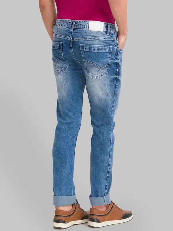 Men Blue Slim Tapered Fit Plain Cotton Blend Jeans - Image 4
