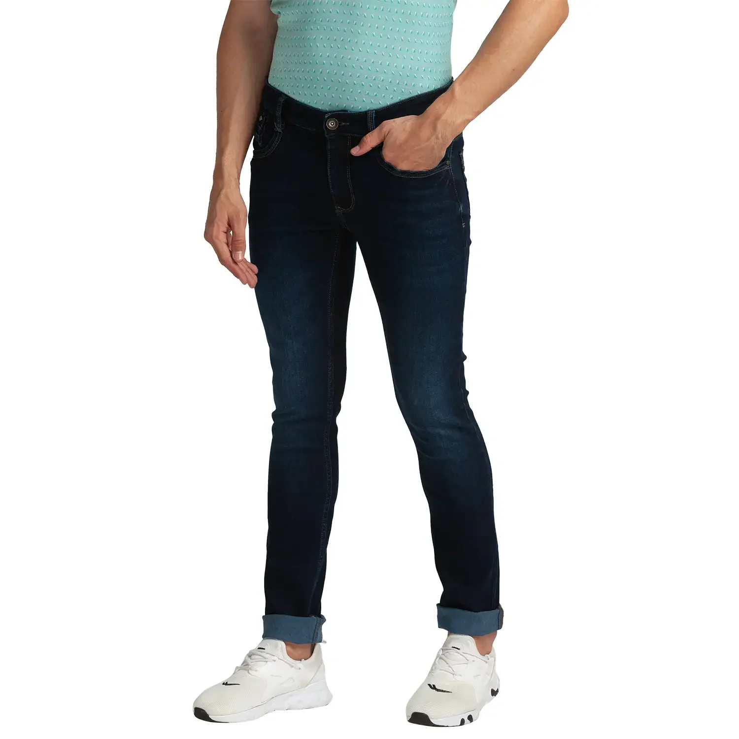 Men Blue Slim Tapered Fit Plain Cotton Blend Jeans - Image 3