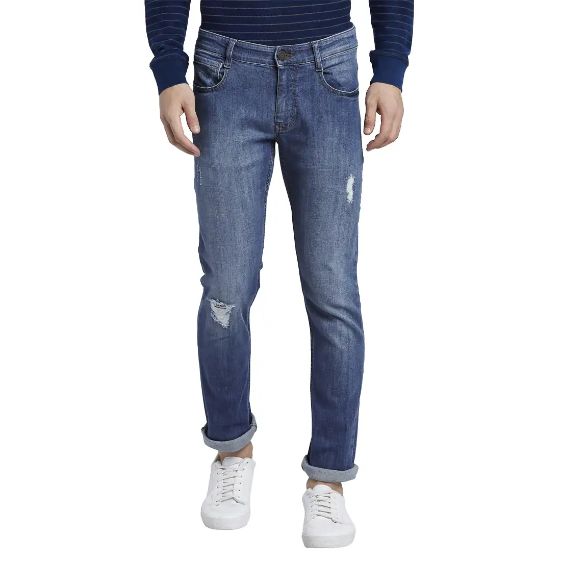 Men Blue Slim Tapered Fit Plain Cotton Blend Jeans