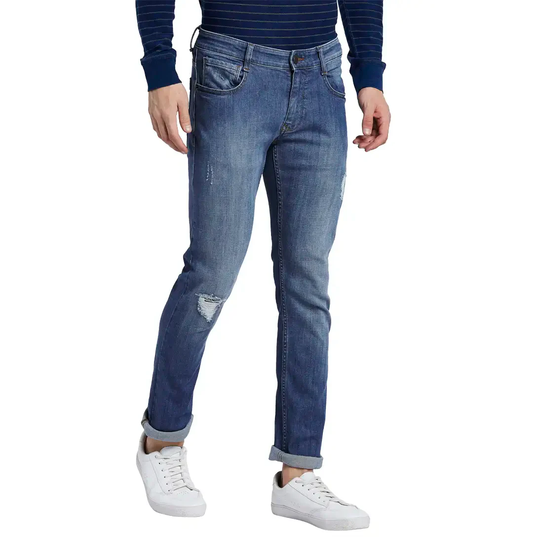 Men Blue Slim Tapered Fit Plain Cotton Blend Jeans - Image 2