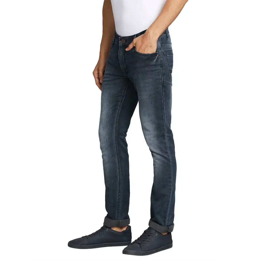 Men Blue Slim Tapered Fit Plain Cotton Blend Jeans - Image 3