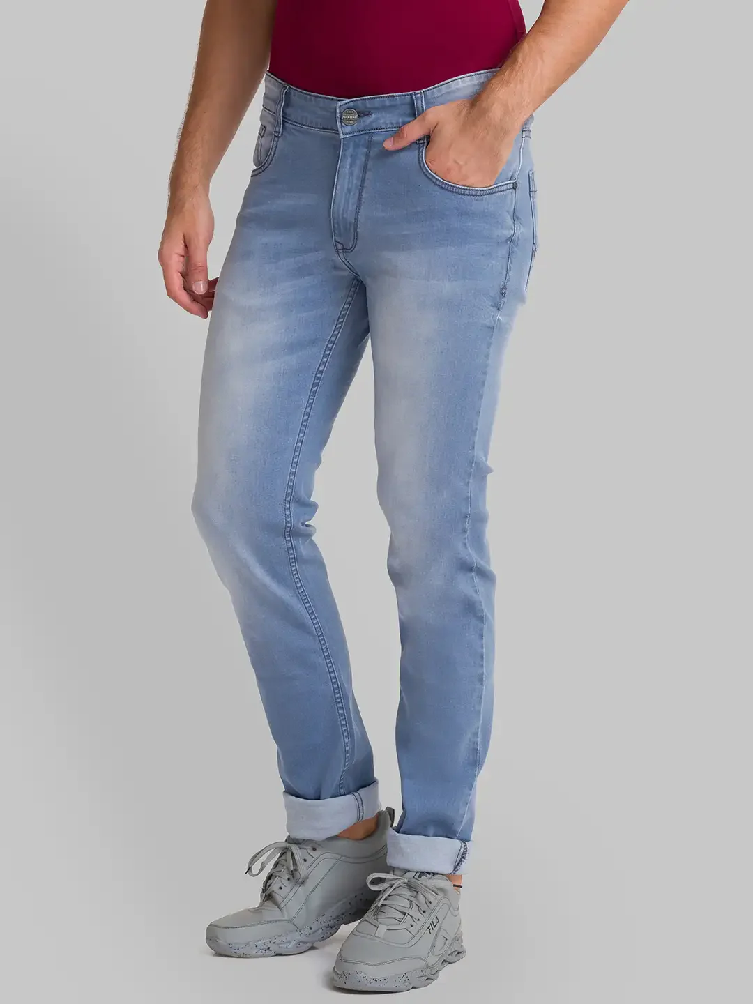 Men Blue Slim Tapered Fit Plain Cotton Blend Jeans - Image 3