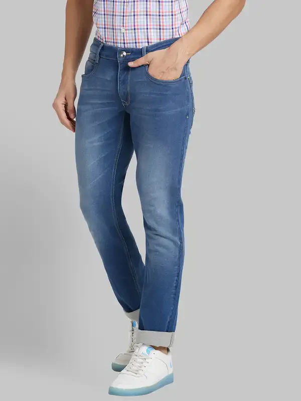 Men Blue Slim Tapered Fit Plain Cotton Blend Jeans - Image 3