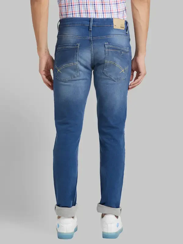 Men Blue Slim Tapered Fit Plain Cotton Blend Jeans - Image 4